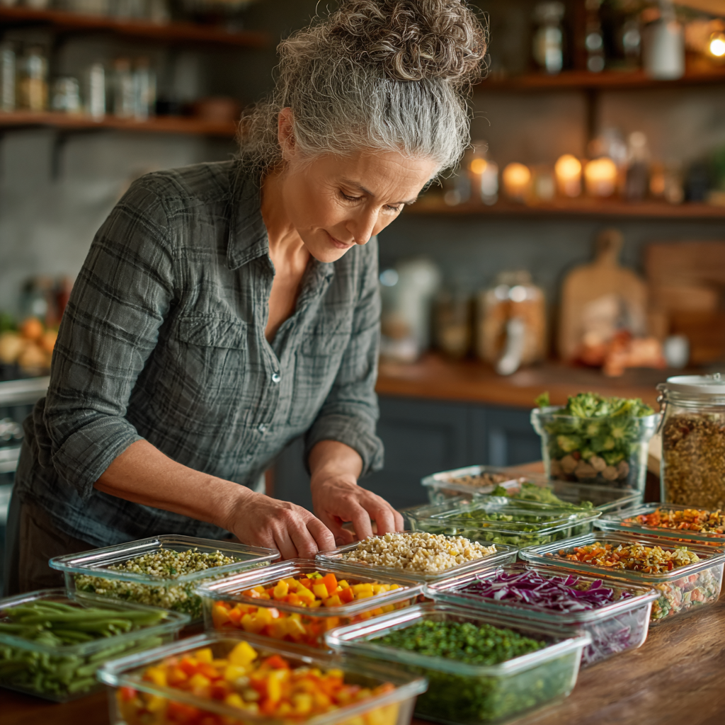 Diverse healthy meal prep containers with colorful vegetables, grains and proteins arranged by mature woman in her 40s, kitchen background, meal planning concept